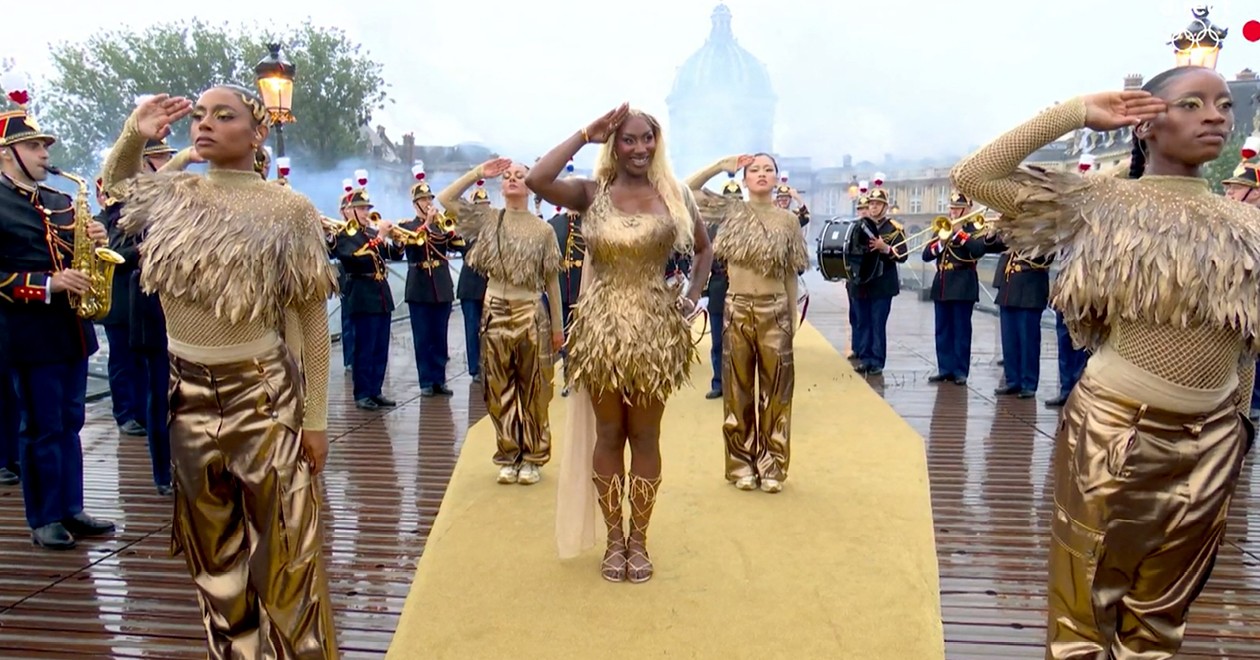 Aya Nakamura, singer-songwriter, performer of “Pookie” and “Djadja” with the Republican Guard at the 2024 Paris Olympics